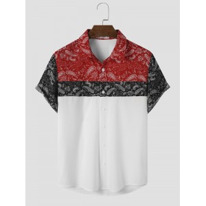 Mens Paisley Color Block Print Lapel Short Sleeve Shirts