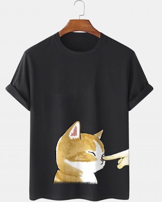 Mens Cute Cat Graphic Crew Neck Cotton Short Sleeve T  Shirts