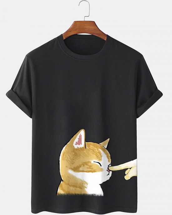 Mens Cute Cat Graphic Crew Neck Cotton Short Sleeve T  Shirts