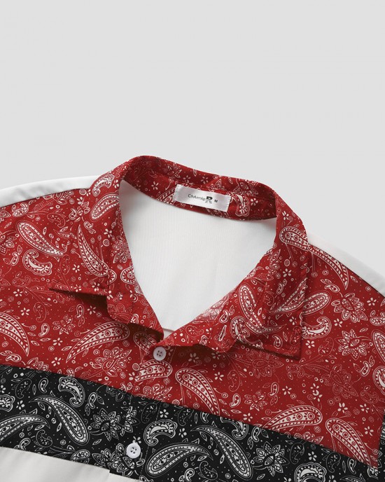 Mens Paisley Color Block Print Lapel Short Sleeve Shirts