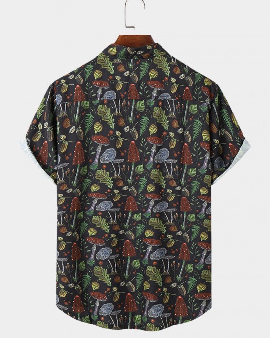 Mens Leaf Print Button Up Short Sleeve Shirts