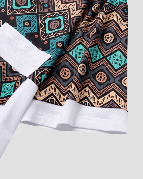 Mens Ethnic Geometric Print Stitching Crew Neck Short Sleeve T  Shirts