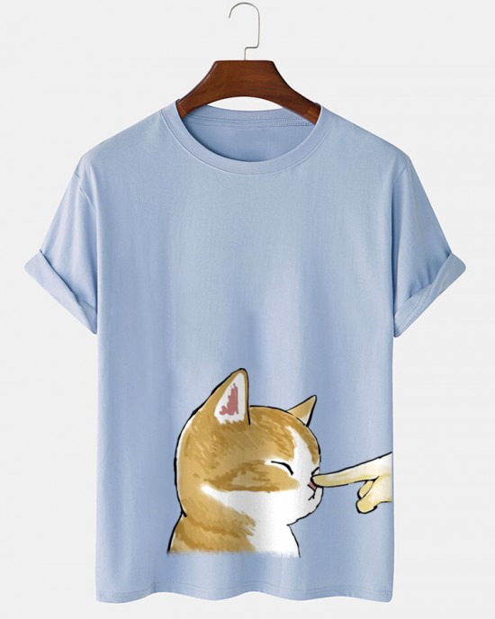 Mens Cute Cat Graphic Crew Neck Cotton Short Sleeve T  Shirts