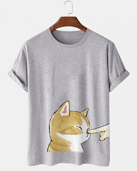 Mens Cute Cat Graphic Crew Neck Cotton Short Sleeve T  Shirts