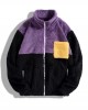 Men Contrast Color Teddy Plush Patch Pocket Zip Stand Color Jackets