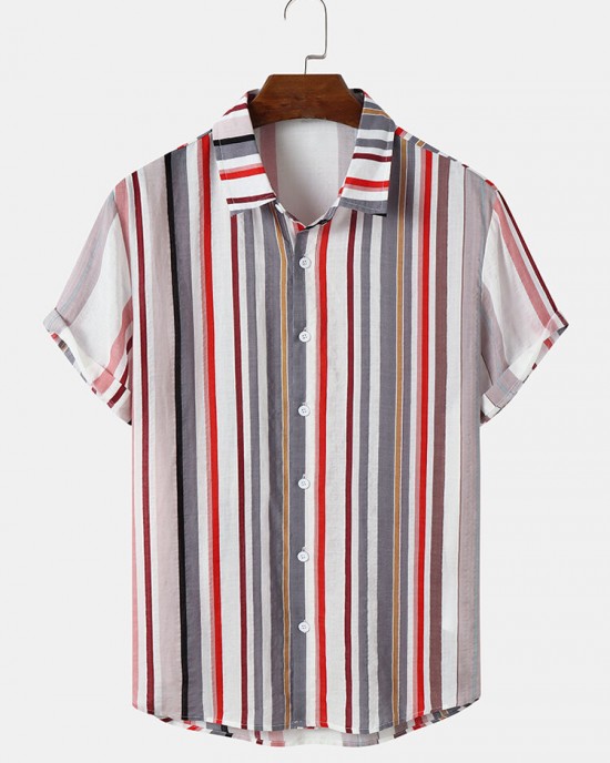 Mens Multicolor Striped Print Short Sleeve Lapel Shirts