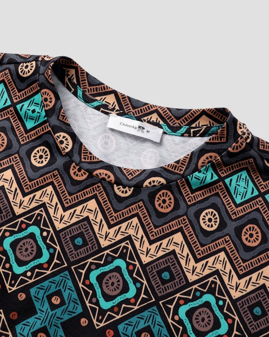 Mens Ethnic Geometric Print Stitching Crew Neck Short Sleeve T  Shirts