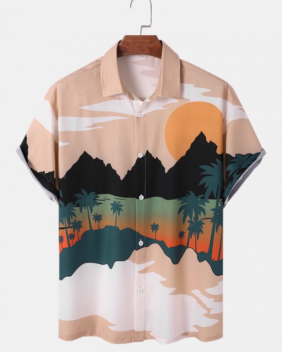 Mens Landscape Print Button Up Vacation Short Sleeve Shirts