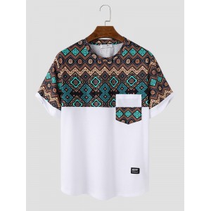 Mens Ethnic Geometric Print Stitching Crew Neck Short Sleeve T  Shirts