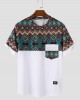 Mens Ethnic Geometric Print Stitching Crew Neck Short Sleeve T  Shirts