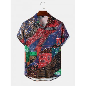 Mens Multicolor Paisley Asymmetric Stitching Short Sleeve Shirts