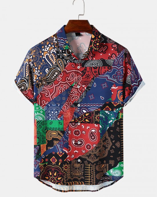 Mens Multicolor Paisley Asymmetric Stitching Short Sleeve Shirts