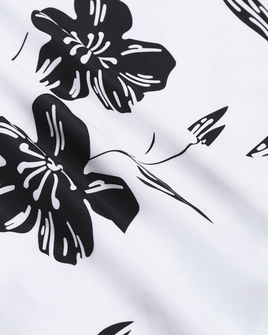 Mens Monochrome Floral Print Button Up Short Sleeve Shirts