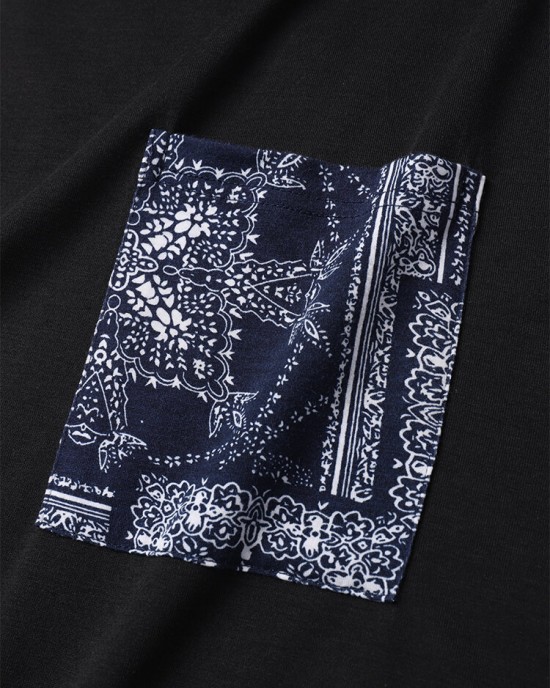 Mens Ethnic Floral Print Chest Pocket Crew Neck Short Sleeve T  Shirts