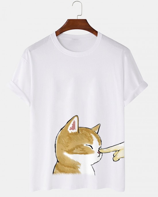 Mens Cute Cat Graphic Crew Neck Cotton Short Sleeve T  Shirts